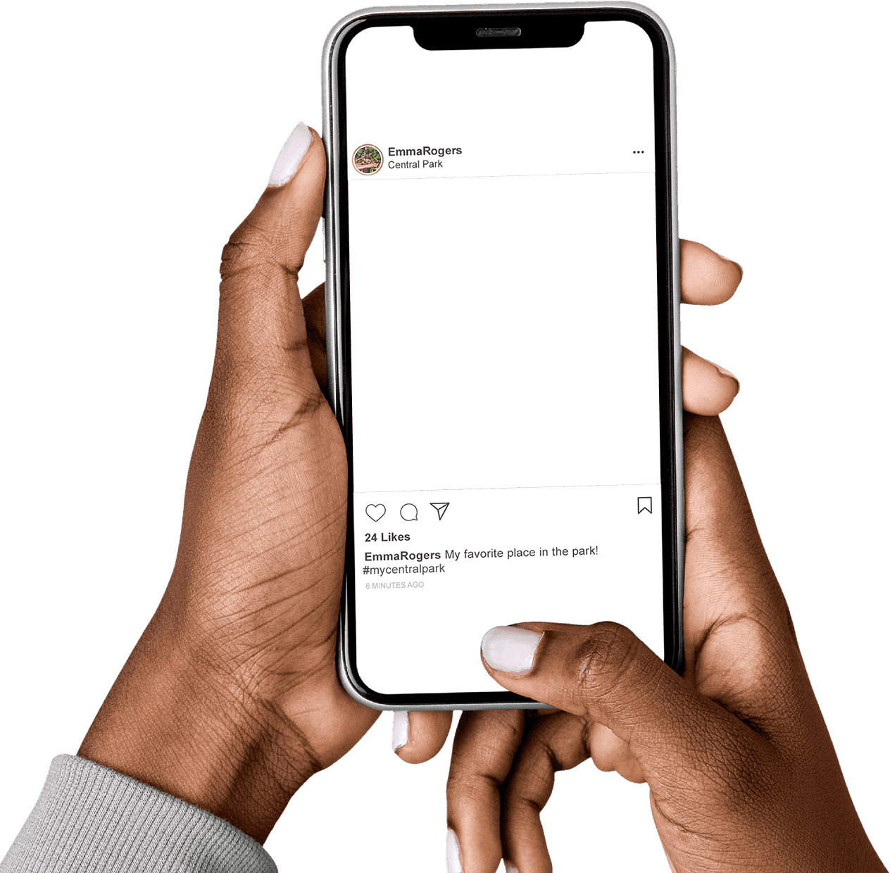 Hands holding a smartphone showing Instagram